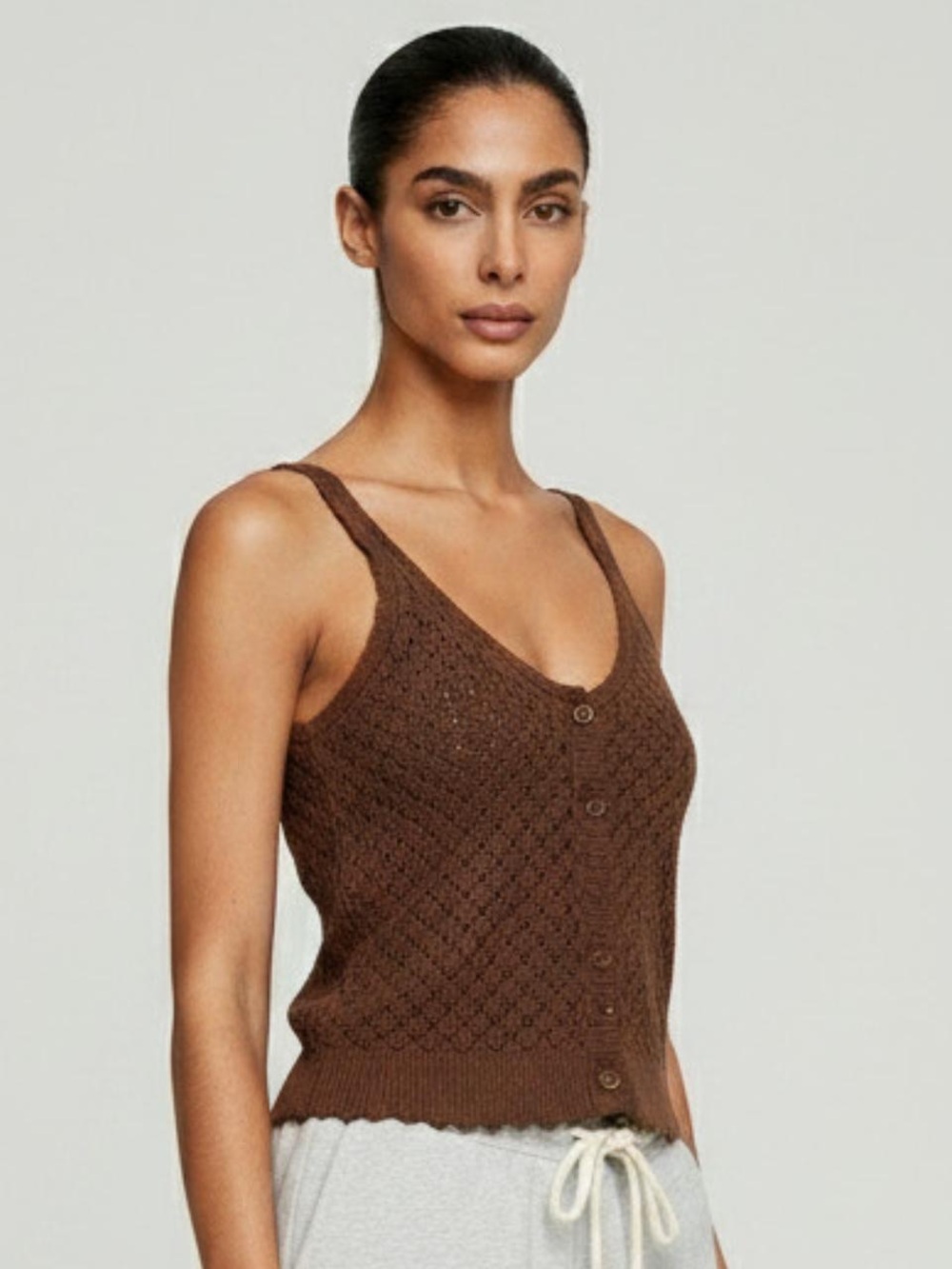 LOFT Brown Knit Button-Front Tank Top